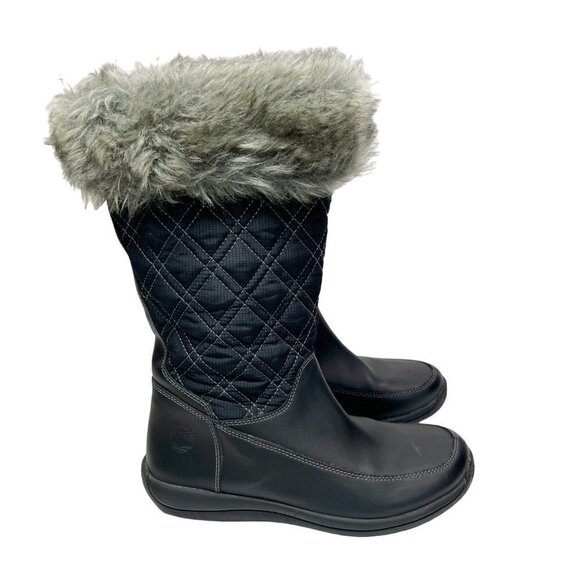 Timberland Black Mid-calf Winter Leather faux fur quilted Boots Size 5.5 flat - Picture 1 of 10